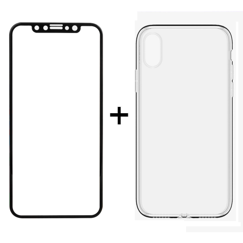 Комплект стъклен протектор + Калъф, Remax Crystal, за iPhone X, Черен - 52323