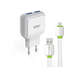 Мрежово зарядно устройство EMY MY-220 5V 2.4A, Универсално, 2 x USB, С Micro USB кабел, Бял - 14444