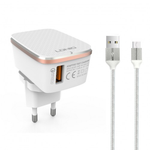 Мрежово зарядно устройство LDNIO A1204Q, Quick Charge 3.0, 1xUSB, Micro USB Кабел, Бял - 14743