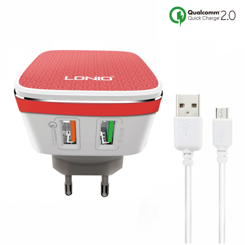 Мрежово зарядно устройство, LDNIO A2405Q, Quick Charge 2.0, 2 USB Порта, Micro USB Кабел, Бял - 14467