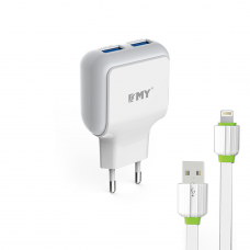 Мрежово зарядно устройство EMY MY-220 5V 2.4A, Универсално, 2 x USB, С кабел за iPhone 5/6/7, Бял - 14445