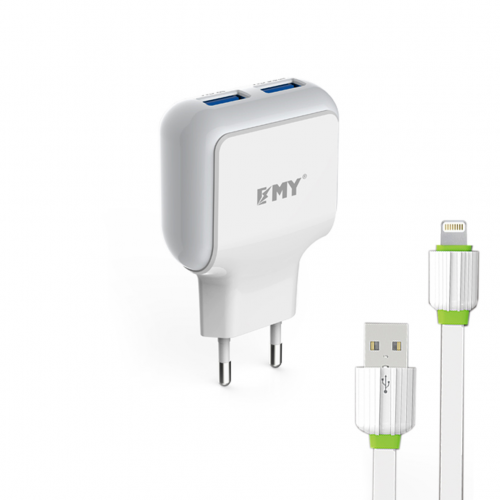 Мрежово зарядно устройство EMY MY-220 5V 2.4A, Универсално, 2 x USB, С кабел за iPhone 5/6/7, Бял - 14445