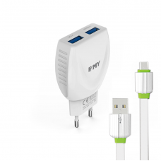 Мрежово зарядно устройство, EMY MY-221, 5V 2.1A, Универсално, 2 x USB, С Micro USB кабел, Бял - 14446