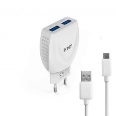 Мрежово зарядно устройство, EMY MY-221, 5V 2.1A, Универсално, 2 x USB, С Type-C кабел, Бял - 14850