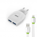 Мрежово зарядно устройство, EMY MY-221, 5V 2.1A, Универсално, 2 x USB, С кабел за iPhone 5/6/7, Бял - 14447