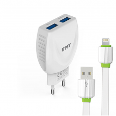 Мрежово зарядно устройство, EMY MY-221, 5V 2.1A, Универсално, 2 x USB, С кабел за iPhone 5/6/7, Бял - 14447