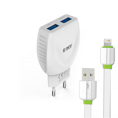 Мрежово зарядно устройство, EMY MY-221, 5V 2.1A, Универсално, 2 x USB, С кабел за iPhone 5/6/7, Бял - 14447