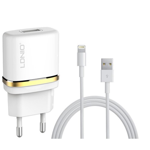 Мрежово зарядно устройство, LDNIO DL-AC50, 5V 1A, Универсално, 1 x USB, С кабел за iPhone 5/6/7SE, Бял - 14371