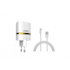Мрежово зарядно устройство, LDNIO DL-AC52, 5V 2.4A, Универсално, 2 x USB, С кабел за iPhone 5/6/7SE, Бял - 14373
