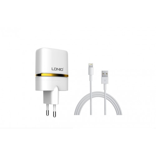 Мрежово зарядно устройство, LDNIO DL-AC52, 5V 2.4A, Универсално, 2 x USB, С кабел за iPhone 5/6/7SE, Бял - 14373