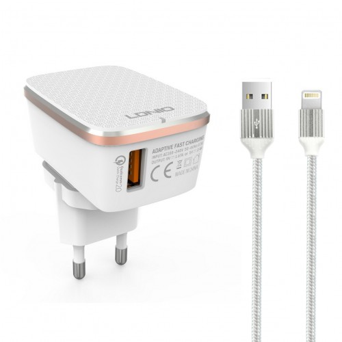 Мрежово зарядно устройство LDNIO A1204Q, Quick Charge 3.0, 1xUSB, С Lightning Кабел (iPhone 5/6/7), Бял - 14744 Мрежово зарядно устройство LDNIO A1204Q, Quick Charge 3.0, 1xUSB, С Lightning Кабел (iPhone 5/6/7), Бял - 14744