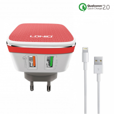 Мрежово зарядно устройство, LDNIO A2405Q, Quick Charge 2.0, 2 USB Порта, С Lightning Кабел (iPhone 5/6/7), Бял - 14468