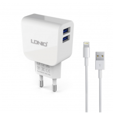 Мрежово зарядно устройство, LDNIO DL-AC56, 5V/2.1A, 2 USB Порта, С Lightning Кабел (iPhone 5/6/7), Бял - 14462