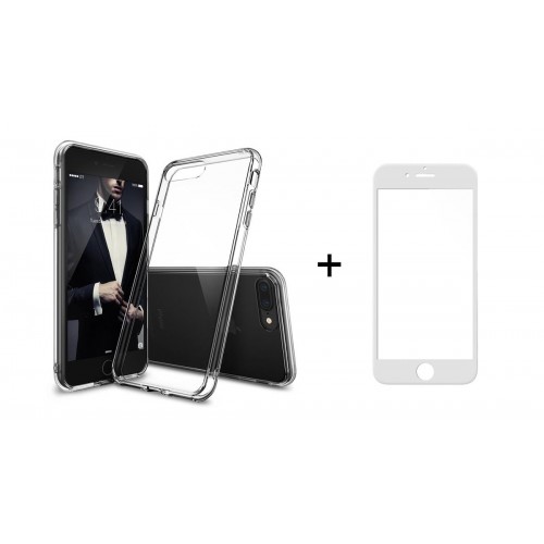 Комплект стъклен протектор с силиконови ръбове + Калъф, Remax Crystal, за iPhone 7 Plus, Бял - 52228
